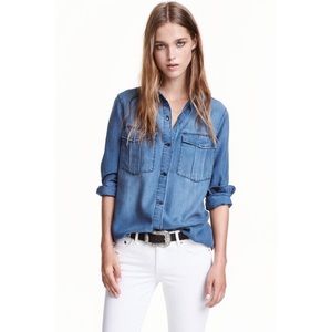 H&M Blue Lyocell Flap Chest Pockets Botton Down Collared Utility Shirt